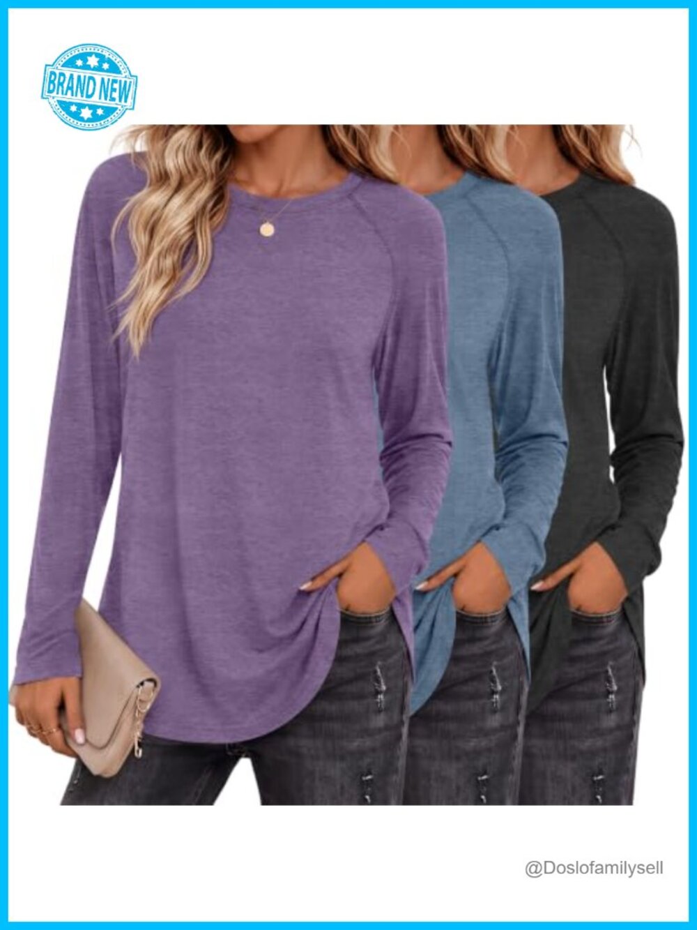 3 Pack Womens Long Sleeve Tunic Tops Crew Neck Raglan Shirt Loose Fit